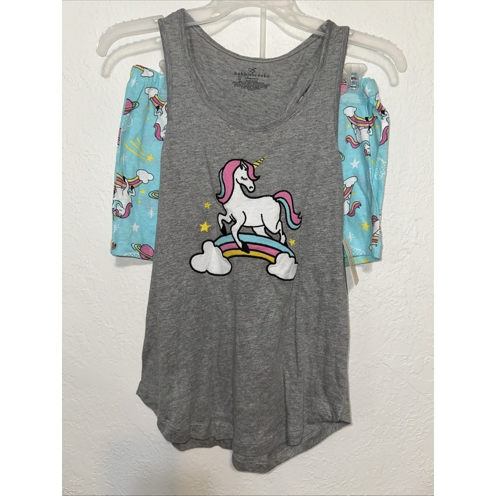 Bobbie Brooks Unicorn Rainbow Pajama Set Gray Tank Turquoise Shorts NWT Small